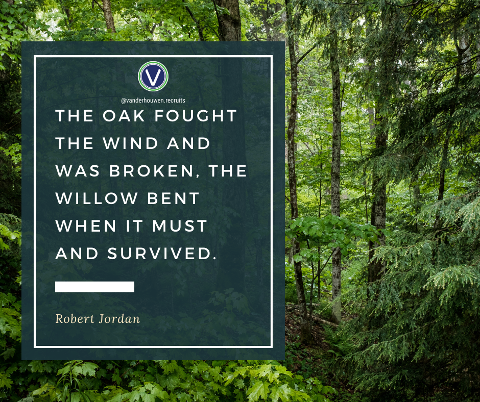 Robert Jordan quote over forest scene. "The oak fought the wind and was broken. The willow bent when it must and survived."